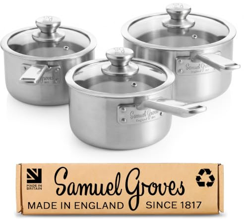 Samuel Groves 6 Piece Stainless Steel Tri-Ply Saucepan Set with Glass Lids, Elegance Range UK MADE Sauce Pan Set, PFAS-Free Uncoated Stainless Steel Induction Compatible, Oven Safe Handmade in England