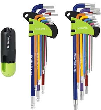 SAKSIAPRO Juego de llaves Allen extralargas y extremo de bola, juego de llaves Allen de 19 piezas con mango en T, métricas (1,5 mm-10 mm) y Torx Star (T10-T50) juego de llaves hexagonales para
