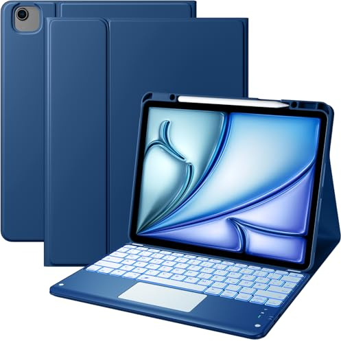Vobafe Hülle Tastatur für iPad Air 13 Zoll M4 M3 M2 & Pro 12.9 3/4/5/6 Gen | QWERTZ Keyboard Multi-Touch Trackpad 7 Farben Beleuchtung, Hülle mit Stifthalter für iPad Air 13 (2026/2025/2024), Marineblau