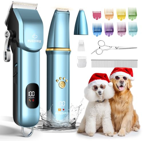 FuzzyFix Dog Grooming Kit 3 in 1,Dog Clippers Professional for Thick Hair with Cordless,Pet Grooming Kit with Waterproof Paw Trimmer,for Full-Body,Blue