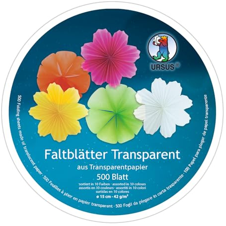 Ursus 2647499 - Faltblätter Transparentpapier, 500 Blatt sortiert in 10 Farben, rund 42 g/m², Durchmesser ca. 15 cm, durchgefärbt