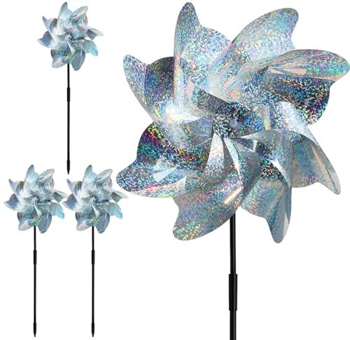 lvzhen 4Pcs Reflective Bird Scarer Windmill | Dot Double Sided Holographic Reflective Pigeon Deterrent Bird Repellent Windmill | Wind Spinners for Garden Home (Height 52cm)