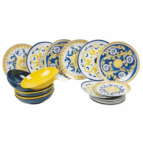 Service de vaisselle 18 pièces en porcelaine et grès, 6 places de table différentes, Sicile