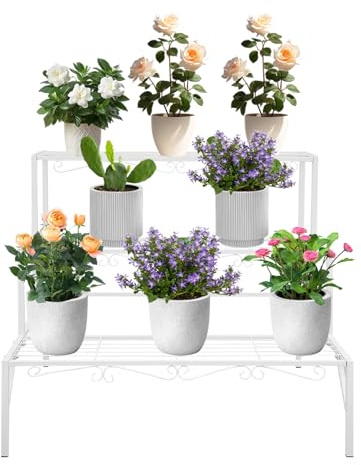 QIERF 3-stufiger Metall Blumentreppe Pflanzenständer Freistehender Pflanzenstän 70x58x60cm, 20kg pro Etage für Garten, Balkon und Indoor Outdoor (Weiß)