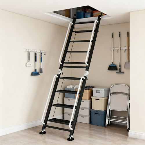 Foldable Aluminum Loft Stairs Ladder, 8 Step Folding Bunk Bed Ladders with Handrails, Portable Anti-Slip Egress Attic Ladders, Floor-Mounted Metal Roof Access Step Ladder for Dorm RV Home Attic Stair