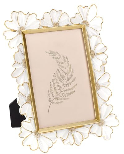 MAYJOYDIY Marco de fotos blanco adornado 21,5 × 17 cm rectangular decorativo diseño de flores margaritas vintage marco de fotos para mesa y pared ideas de regalo victoriano retro barroco decoración