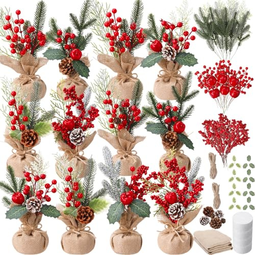 Suncalla 12 Sets Christmas Centerpiece for Table DIY Christmas Trees Table Decorations 10'' Artificial Trees with Red Berries Apple Pine Cones and Branches for Home Office Desktop Holiday Decorations