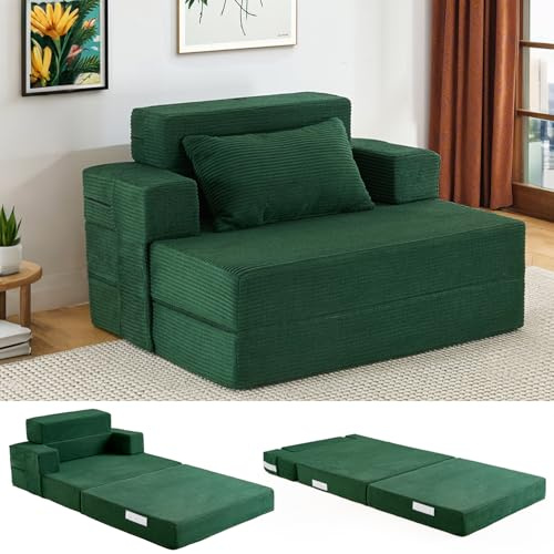 Fantico 4-in-1 Schlafsofa 100 x 200 cm – Schlafsessel mit Bettfunktion, klappbares Bettsofa, Faltbare Schlafcouch mit integrierten Rückenkissen & separatem Kissen, waschbarer Bezug, Dunkelgrün