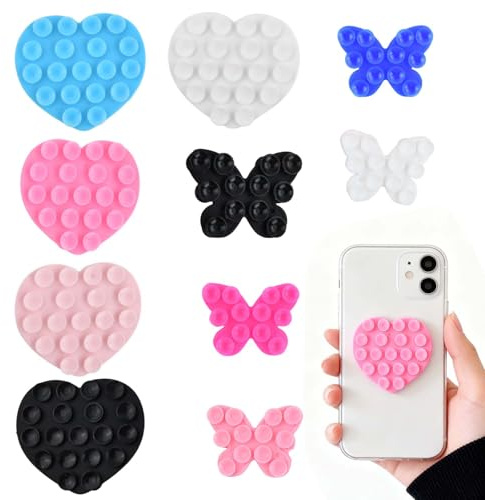 10 Pièces Ventouse Téléphone, Ventouse Telephone Portable Double Face, Support Téléphone en Silicone, Coque Ventouse pour Selfies et Vidéos, Murs et Vitres, 5 Cœurs et 5 Papillons (5 Couleurs/Modèle)