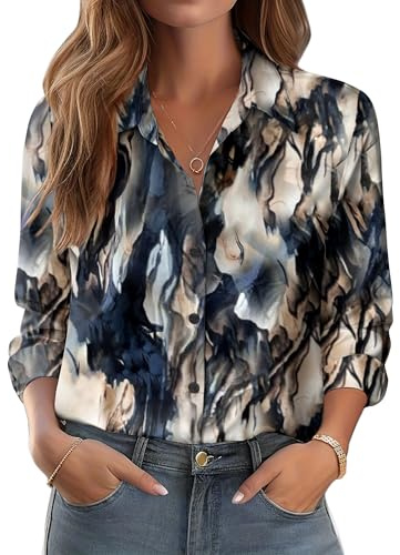 Zeagoo Camisas Mujer Verano Larga Camisas de Flores Cuello Mao Abotonada Antiplanchado Camisas para Primavera Verano Blusa de Negocios para Mujeres Abstracto Azul Beige M