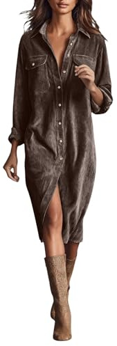 Robe chemise longue en velours côtelé pour femme – Robe chemise marron pour femme, chemises boutonnées, manches longues avec col et poches, robes midi épaisses, thermiques, épaules droites, robes