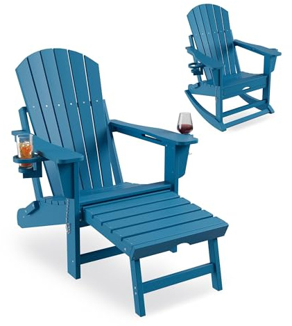 Garvee Ergonomischer Adirondack Schaukelstuhl klappbar – Wetterfestes HDPE – Ausziehbare Fußstütze & 2 Getränkehalter – Robuster Gartenstuhl für Terrasse, Veranda, Pool – Ocean Blue