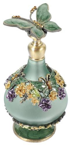 EXHUMKY Botella Vacía Vintage de Vidrio 23 Ml en Verde Floral, Frasco Portátil Multiuso para Perfume y Aceites Esenciales, Decoración Artesanal Árabe para Escritorio y Obsequio