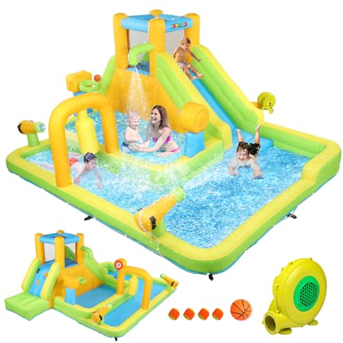 Bonnlo Chateau Gonflable avec Piscine, Toboggan Aquatique pour Enfant, Aire de Jeux Gonflable 450 x300 x180cm (Ventilateur Inclus)