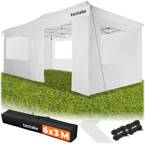 tectake® Pavillon Pliable 3 x 6 m en Aluminium, Imperméable, Protection Anti-UV, 6 Panneaux latéraux zippés, 3 fenêtres, Tonnelle de Jardin réglable en Hauteur, Gazebo Pliant, Sac de Transport - Blanc
