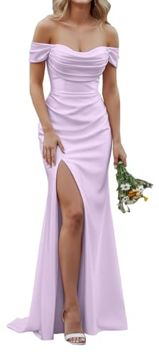 KURFACE Dam Off Shoulder Satin balklänningar med slits ärmlös sjöjungfru balklänning kväll formell klänning, Lila, 44