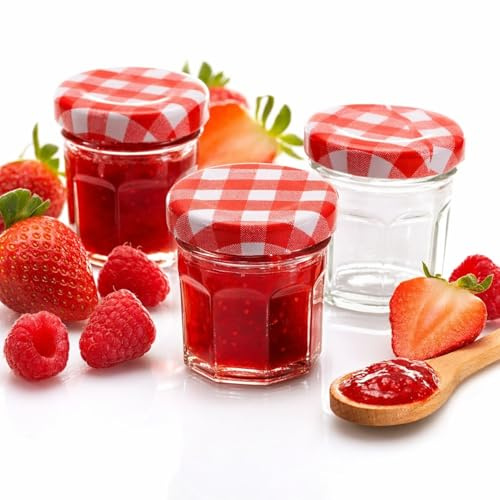 MC-Trend Set de 24 mini tarros de mermelada 30ml con tapa de rosca a cuadros rojos – frascos de vidrio con sello hermético, ideales para mermeladas, miel, especias y manualidades DIY