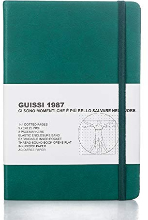 Guissi Classic Dotted Grid Bullet Notebook Journal Dot Hard Cover A5 Premium 80gsm Thick Acid-Free Paper with Fine Inner Pocket Faux Leather Office School Supplies 144 Pages Desgned in Florence