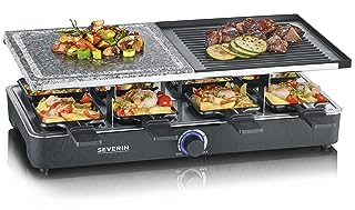 SEVERIN Raclette-Grill mit Naturgrillstein und Grillplatte, Raclette mit antihaftbeschichteter Grillplatte und 8 Pfännchen, Tischgrill für 8 Personen, max. 1300 W, schwarz, RG 2371