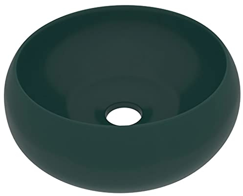 vidaXL Luxus Waschbecken mit Abflussloch Waschschale Aufsatzwaschbecken Waschtisch Waschplatz Handwaschbecken Rund Matt Dunkelgrün 40x15cm Keramik
