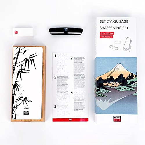 KOTAI | Pierre à Aiguiser Double-face Grain 2000/6000 | Pierre à Eau | Base Antidérapante en Bambou Naturel | Aplanisseur de Pierre en Corindon | Affûte Parfaitement les Lames Émoussées