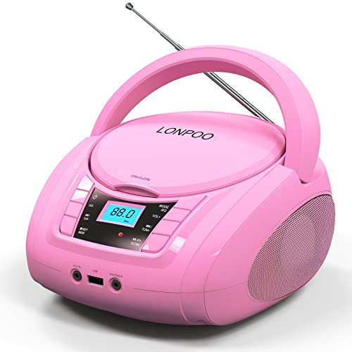 Lecteur CD Portable Boombox stéréo pour Enfants, Compatible Bluetooth, Radio FM, entrée AUX, Sortie Casque, Fonctionne DC/AC (Rose)