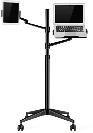 ThingyClub - Soporte para tablet y portátil, 2 en 1, altura ajustable, doble brazo para tablet brazo de 4 a 13 pulgadas, bandeja adicional para portátiles de 12 a 17 pulgadas, color negro