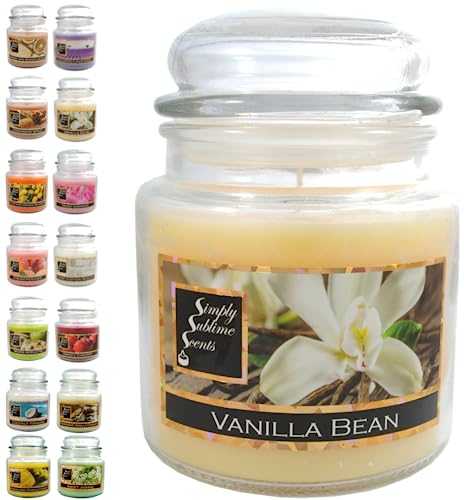 SIMPLY SUBLIME SCENTS - Luxury Scented Candle - Exceptional Fragrance Oil - Medium Glass Jar, Up to 76 Hours - Clever Wax Formula for a Long, Clean and Even Burn - Vanilla Bean - Cotton Wick