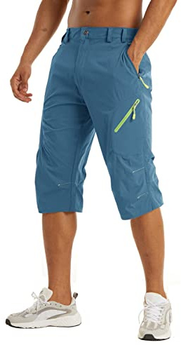 KEFITEVD Herrshorts, under knät, snabbtorkande, 3/4, vandring, långa promenadshorts, sommar, tunna capribyxor med 4 fickor med dragkedja, Ljusblått, 50 SE