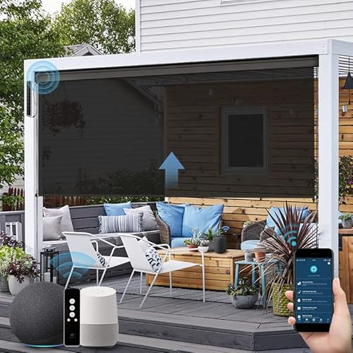 SmartWings Motorized Patio Shades Roll Up Outdoor Blinds for Porch Waterproof Work with Alexa Google Smart Battery Motor Remote Control Patio Sun Roller Shades Blinds Custom Size, 5% Openness Black