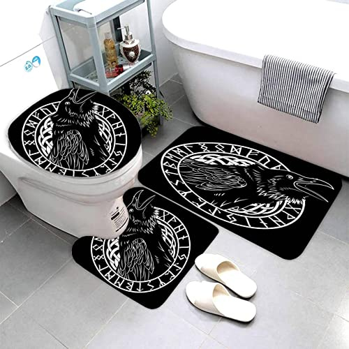 AOLIGL Badematte Wikinger Odin Krähe Schwarz Badematten Set rutschfest Waschbar Badgarnitur 3teilig - WC Deckelbezug U-förmigen Contour Badezimmerteppich Matte Flauschige