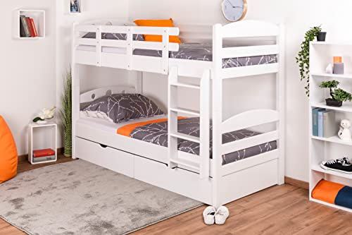 Stockbett für Erwachsene Easy Premium Line K18 inkl. 2 Schubladen und 2 Abdeckblenden, Kopfteil mit Löchern, Buche Vollholz massiv Weiß - 90 x 200 cm, (B x L) teilbar
