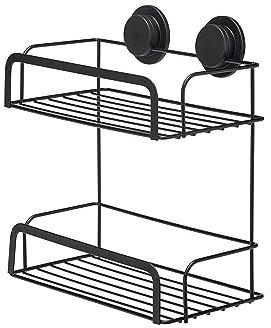 Croydex Stick 'N' Lock Two Tier Shower Caddy, Matt Black | No Drilling | Bathroom Storage Basket | Sticks to Most Flat Surfaces | Quick Peel and Fix Self-Adhesive