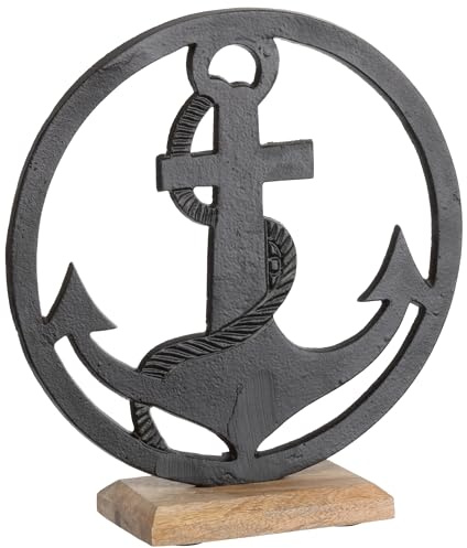 Brandsseller Présentoir décoratif Ancre en cercle Noir env. 25 x 25 x 7,5 cm sur socle en bois de manguier / aluminium