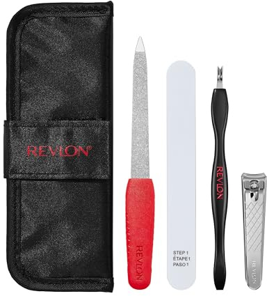 Revlon Manicure Essentials Kit with Travel Case, Nail Care Set with Dual Ended Cuticle Trimmer, Curved Blade Clippers, Compact Emeryl File & Buffer (Pack of 1)