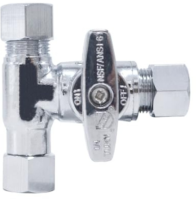 TT FLEX Tee Stop Valve, 3/8 Inch x 3/8 Inch, 1/4 Turn, Compression Service Stop Fitting, Water Valve Shut Off, Push-to-Connect, PEX, Copper, CPVC, PE-RT