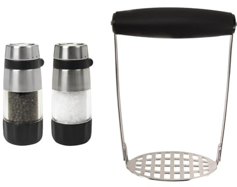 OXO Good Grips Accent Mess Free Salt & Pepper Set & Good Grips Smooth Potato Masher, Transparent/Black, L