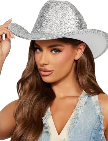 CaySep Women-Western-Glitter-Cowboy Hat - Sparkle-Cowgirl-Hat Roll-UP- Brim-Fedora-Hat for Disco Costumes Party