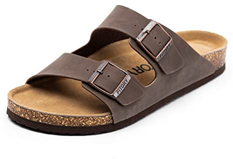 FITORY Mens Sandals, Arch Support Slides with Adjustable Buckle Straps and Cork Footbed for Summer Brownish Yellow Size 12.5