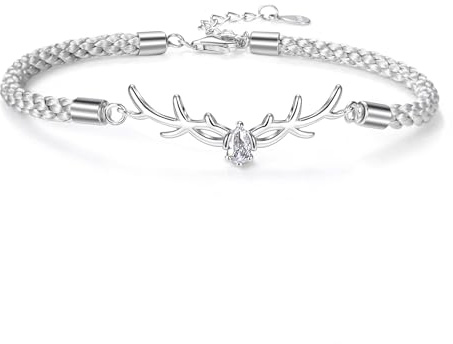Bracelet en Argent 925 pour Femme - Corde Tressée en Oxyde de Zirconium Réglable - Amour, Chevreuil, Cerf Sika - Porte-Bonheur - Cadeau pour Femme, BFF, Adolescents, Enfants