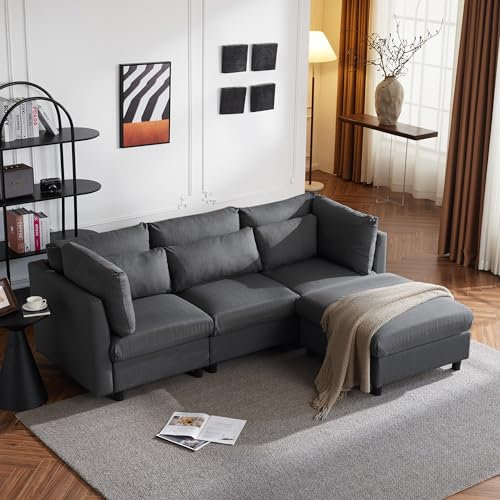 DRIXNO Sofa Couch L Form mit Schlaffunktion, 3-Sitzer-Sofa Wohnzimmersofa Sofa mit Chaiselongue, Ecksofa mit Fußstütze, Jugendsofa Dunkelgrau