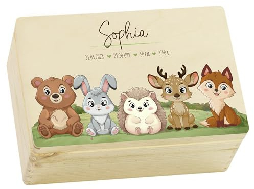 LAUBLUST Erinnerungsbox Baby Personalisiert - Geschenk zur Geburt mit Name | Größen S, M, L - Kinder Erinnerungskiste aus Holz für Mädchen & Jungen | Holzkiste - FSC® (Waldtiere Motiv)
