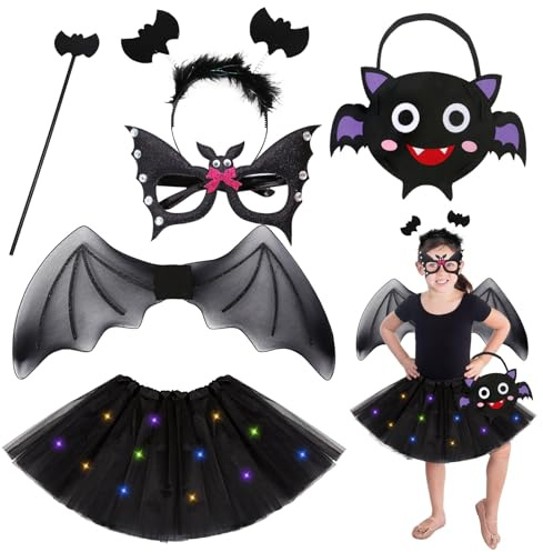 KOIROI Costume de chauve-souris pour enfants, 6 pièces, costume d'Halloween pour enfants, filles, costume de chauve-souris pour Halloween, carnaval, fête à thème, cosplay