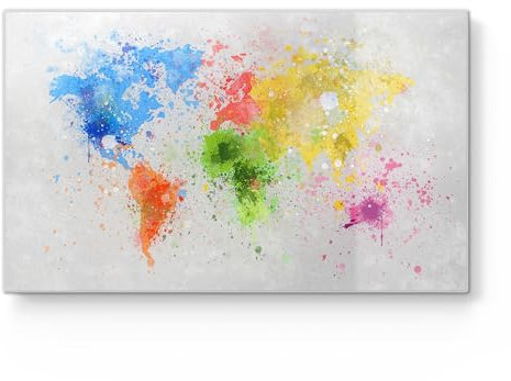 DEQORI Tabla de desayuno de cristal, pequeña 23 x 14 cm, diseño Mundo en colores, tabla de cortar para cocina, antibacteriana y antideslizante, placa de cristal y bandeja para servir