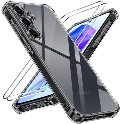 iVoler Anti-gulning klart skal för Samsung Galaxy A35 5G med 2 stycken härdat glas, stötdämpande genomskinligt stötsäkert fodral med stötfångare TPU mjuk tunn fodral (svart)