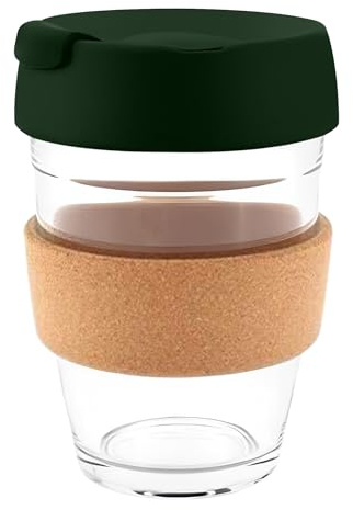 Glass Coffee Cup with Lid and Heat Resistant Cork Sleeve (Dark Green Cork)