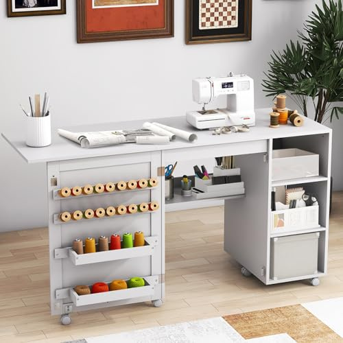 GIANTEX Nähtisch klappbar, Nähschrank auf Rollen, Nähmaschinentisch Nähtisch für Nähmaschine, Nähmaschinenschrank mit Ablageflächen & 18 Garnrollenhaltern, Mehrzwecktisch Holz 146x50x78 cm, Weiß