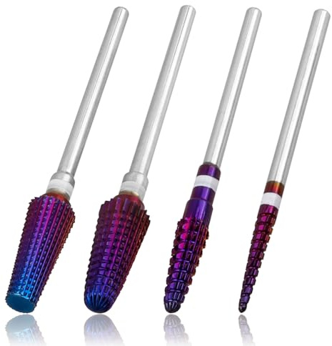 Mesee 4Pcs 5 in 1 Nail Drill Bit Set, Professional Tornado Nail Bits 3/32 Tungsten Carbide Efile Multi-function Bits Cuticle Bit Purple Tornado Nail Carbide Drill Bits for Nails Polishing