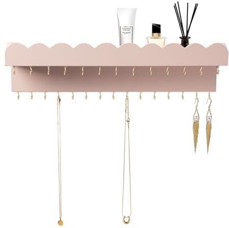 Lampaggio Wall Mount Jewelry Organizer mit 28 Haken und Kosmetikregal, Modern Wood Hanging Jewelry Holder für Halsketten, Armbänder, Ohrringe und Ringe, Rosa
