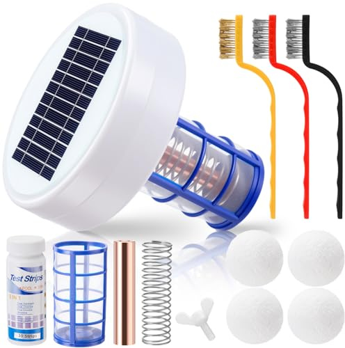 Qualirey Solar Pool Ionisator Automatischer schwimmender Poolreiniger, Wasserionisator mit 4 Stück Schaumbeseitigungskugel, für oberirdische und inirdische Pools, bis zu 35.000 Gallonen (ohne Licht)